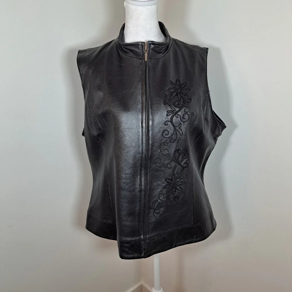 Genuine Black Leather Womens Zip Up Embroidered Vest Jacket Coldwater Size Large - Picture 3 of 8